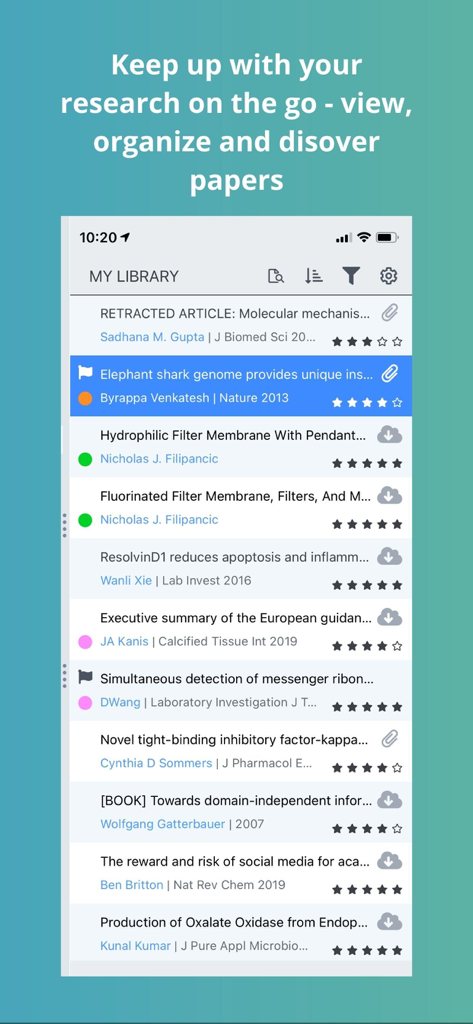Papers by ReadCube - Papers by ReadCube mobile interface zeigt eine digitale Bibliothek akademischer Forschungsarbeiten, organisiert mit Bewertungen und Metadaten