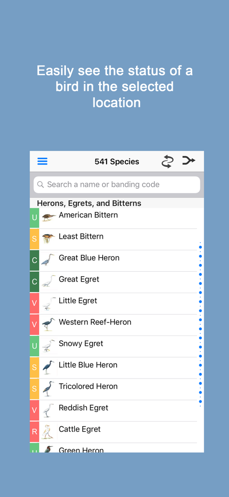 Sibley Birds 2nd Edition - Uma lista de espécies de aves mostrando seu status e raridade em um local selecionado dentro do aplicativo Sibley Birds