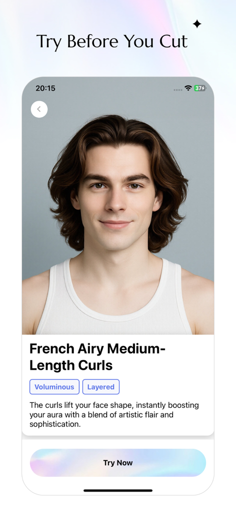 Un hombre previsualizando rizos franceses aireados de longitud media en la aplicación móvil HairX AI.