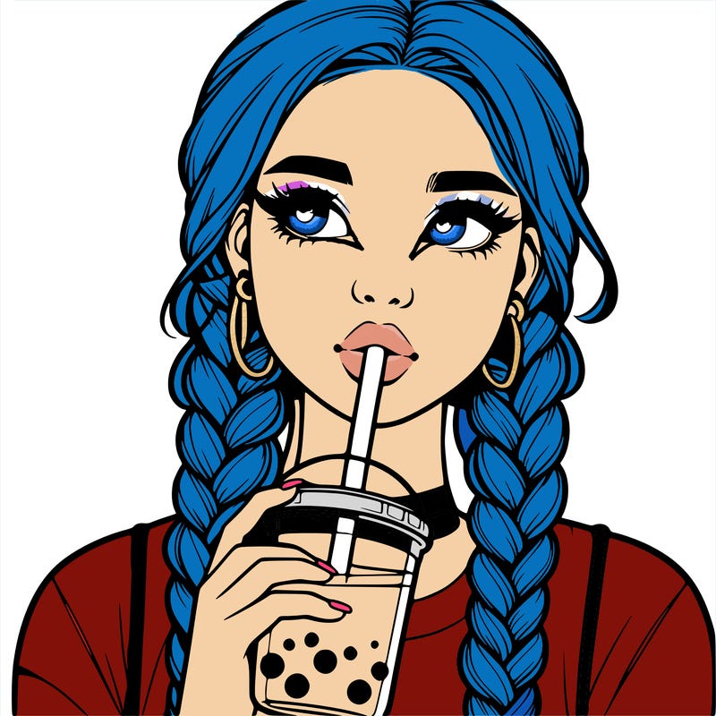 realistic girl with braided hair drinking boba