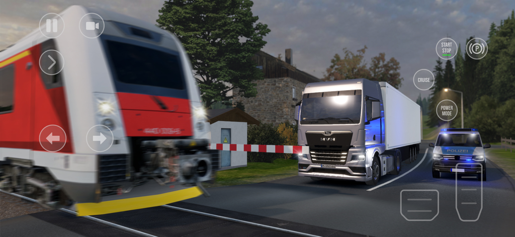 Un semi-remorque blanc et une voiture de police attendent à un passage à niveau pendant qu'un train passe