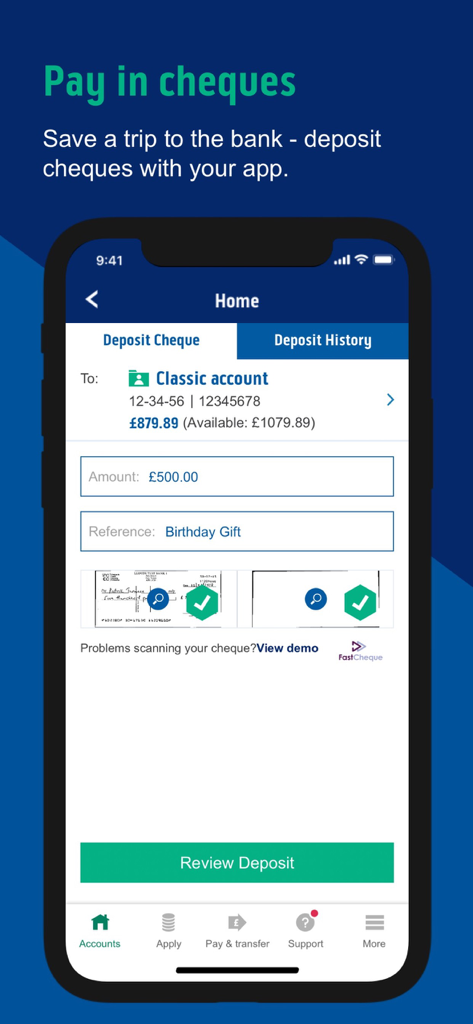 Interface do aplicativo Bank of Scotland Business para depositar um cheque usando a câmera de um smartphone