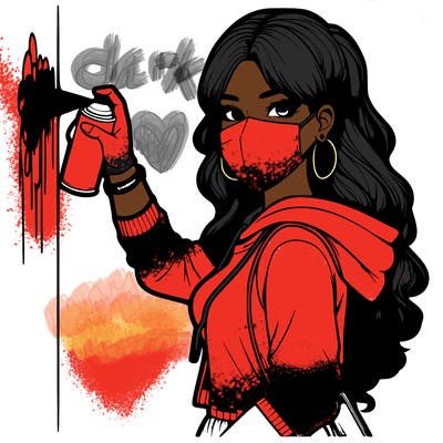 realistic girl with mask spray painting a wall