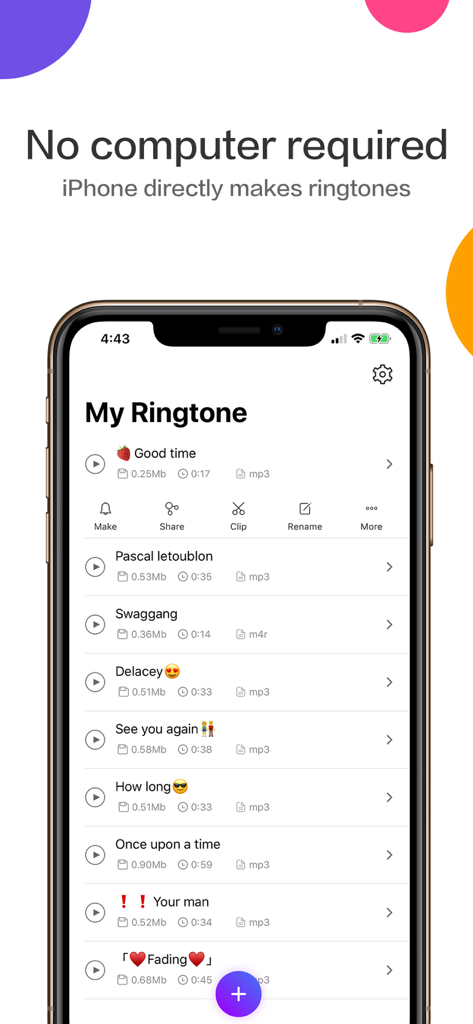 Ringtones Maker app interface on iPhone showing a list of custom sounds and the text No computer required
