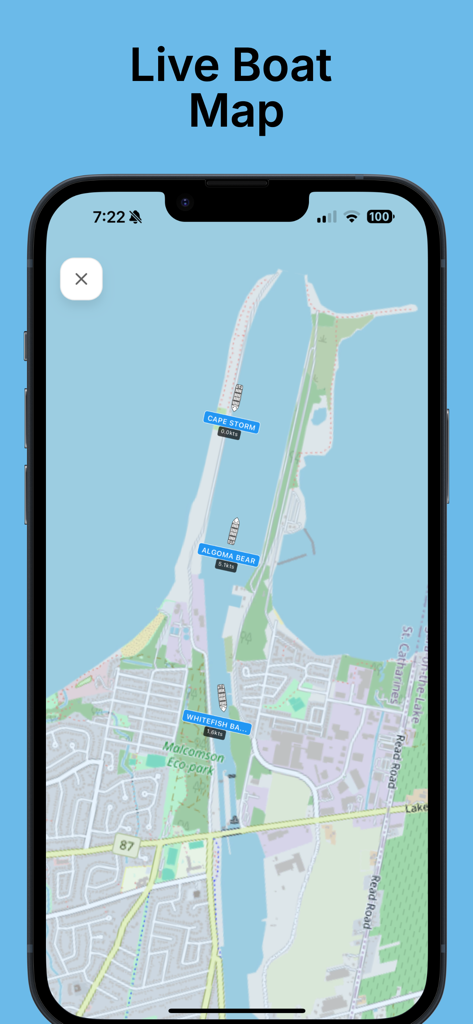 A screenshot of the Welland Canal Bridge Status app showing a live map with real-time vessel tracking.