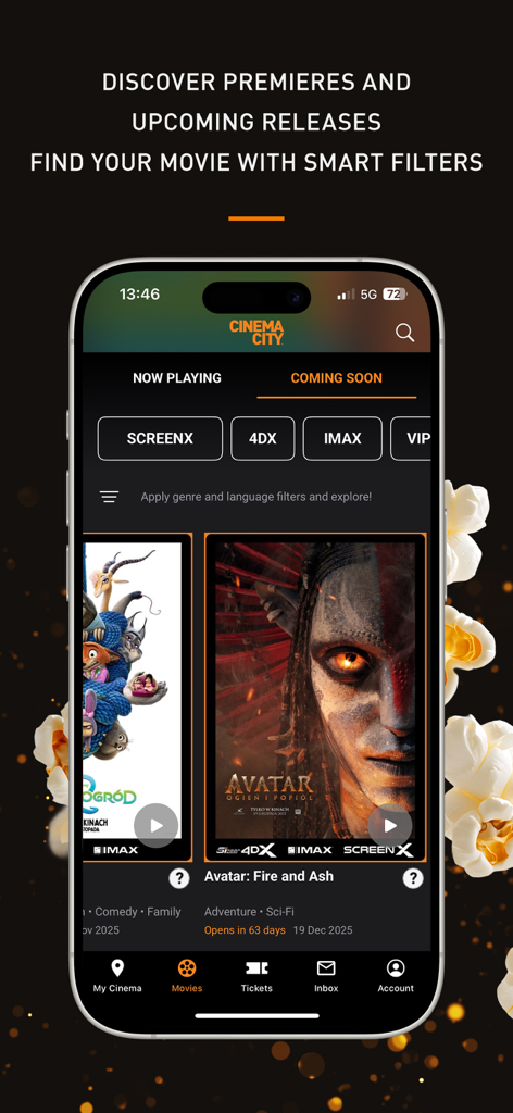 Cinema City: Movies & Tickets - Schermata dell'app Cinema City che mostra le uscite cinematografiche imminenti e i filtri intelligenti per IMAX e 4DX