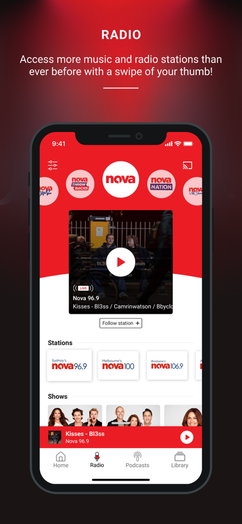 Nova Player: Radio & Podcasts - Die Radio-Oberfläche der Nova Player-App zeigt Live-australische Sender und beliebte Radiosendungen an
