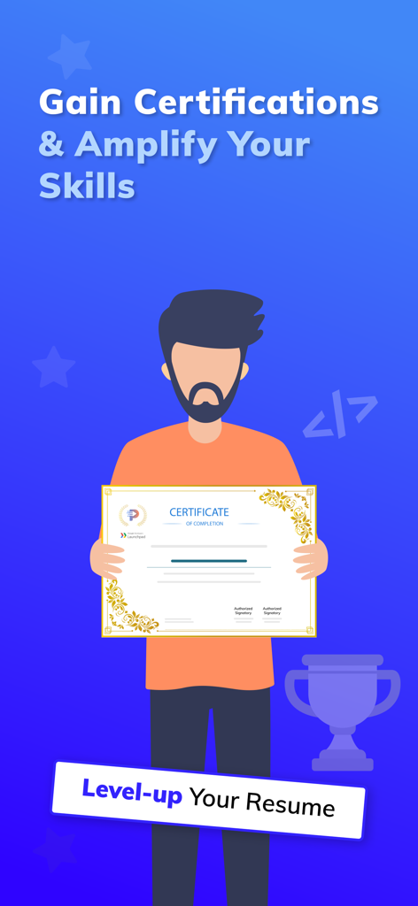Programming Hub: Learn Coding - Una persona sosteniendo un certificado de finalización para mejorar su currículum en la aplicación Programming Hub.