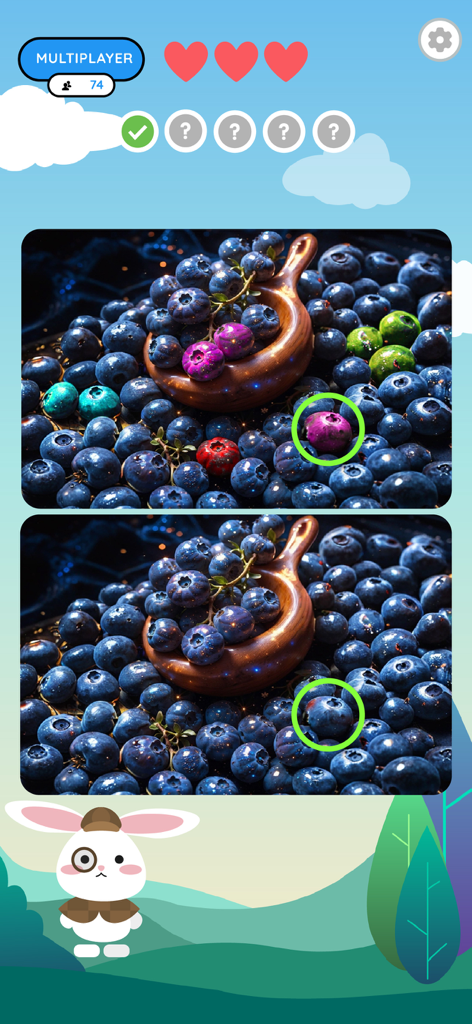 A spot the difference game level featuring blueberries with a detective rabbit mascot at the bottom