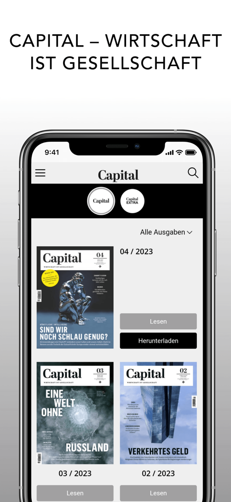 Pantalla de smartphone que muestra la biblioteca de la aplicación Capital Magazin con varios números de la revista de negocios disponibles para lectura y descarga