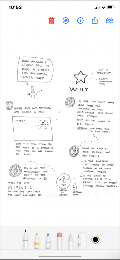 Penned: Private Notes - Handwritten digital note showing a brainstorming session with sketches and various writing tools at the bottom