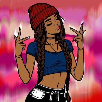 realistic teenage girl with braids and a beanie and crop top doing 🫶🏼