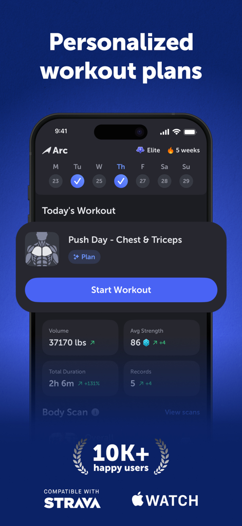 La aplicación planificadora de entrenamiento de gimnasio Arc AI mostrando un plan de entrenamiento personalizado para el día de empuje y métricas de progreso físico.