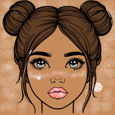 realistic girl with two buns on her hair and lips