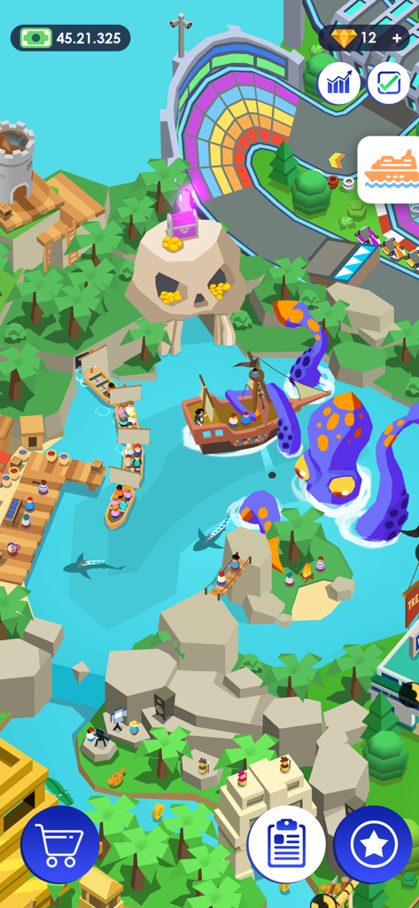 Pirate themed park area with a skull cave and giant octopus tentacles in Idle Theme Park Tycoon.