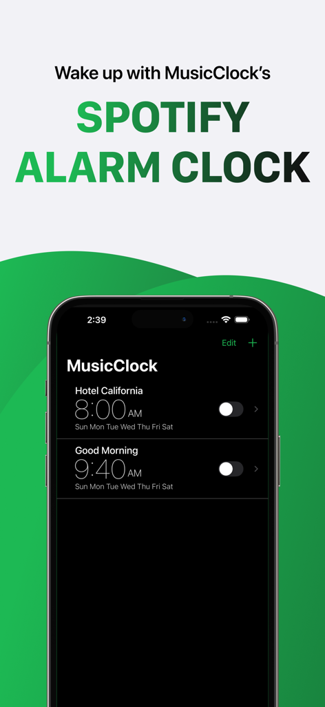 Screenshot of the MusicClock app showing multiple alarms set to Spotify songs on an iPhone.