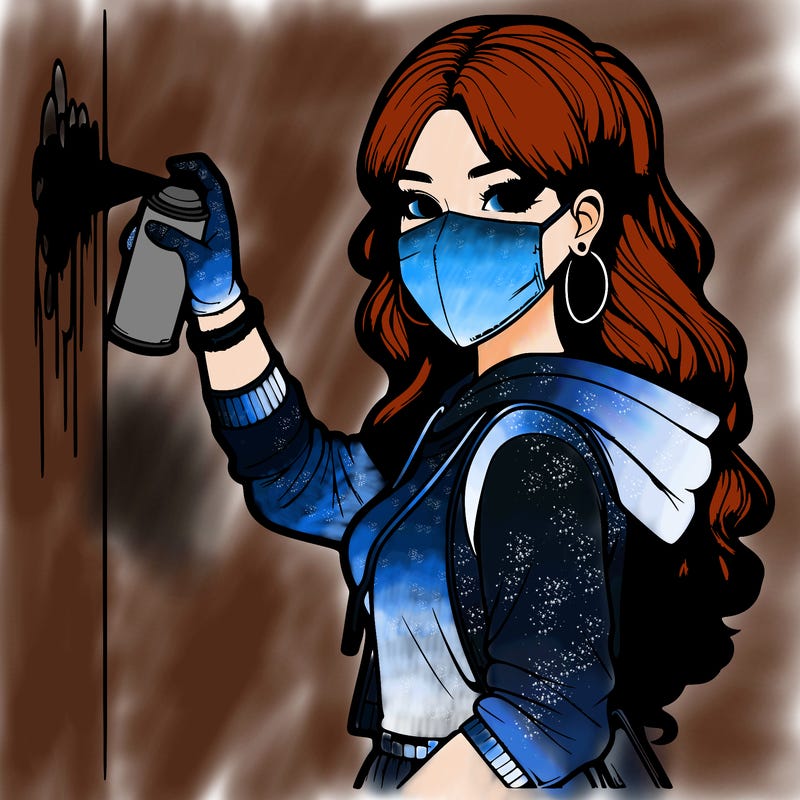 realistic girl with mask spray painting a wall