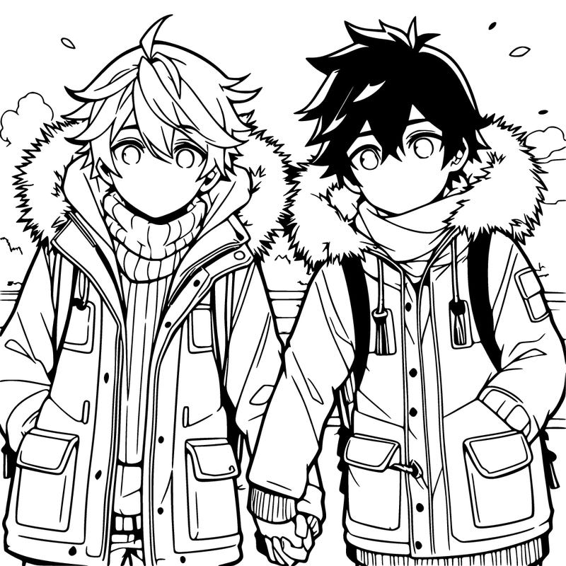 bakugo and deku in the cold wearing jackets and holding hands