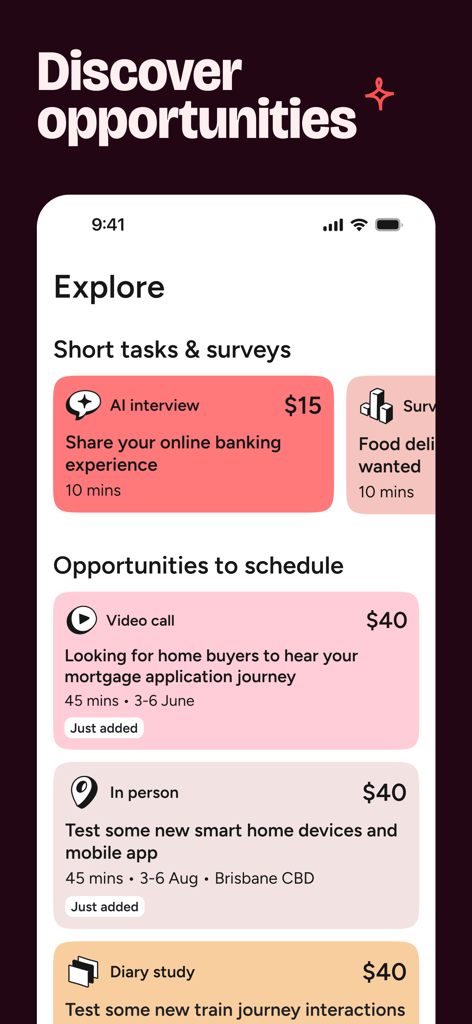 Askable - The Askable app explore screen displaying high paying market research tasks like video calls and user testing