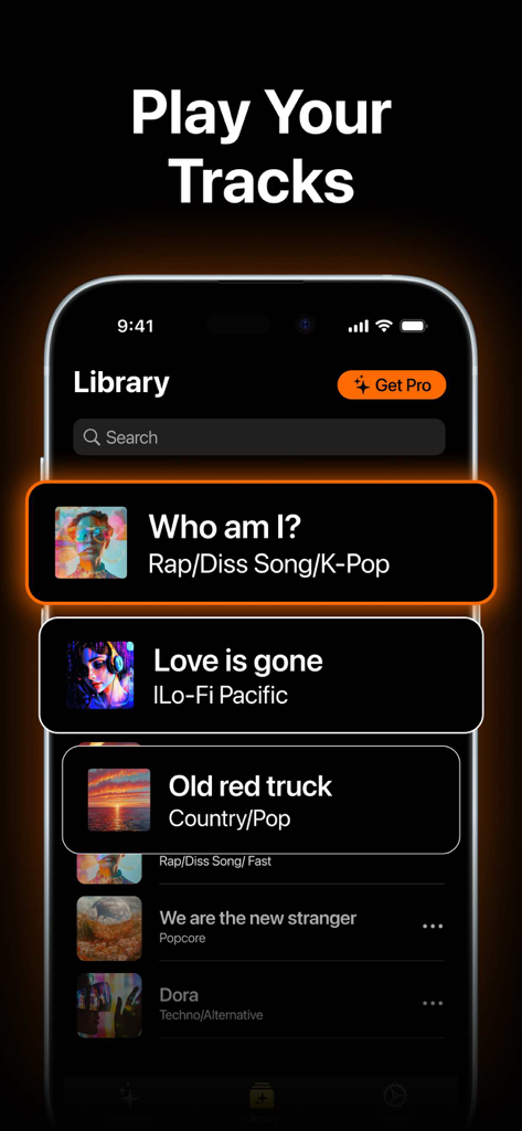 PLAI: AI Music Generator - A mobile screen showing the music library in the PLAI app with several AI generated tracks and their album covers.