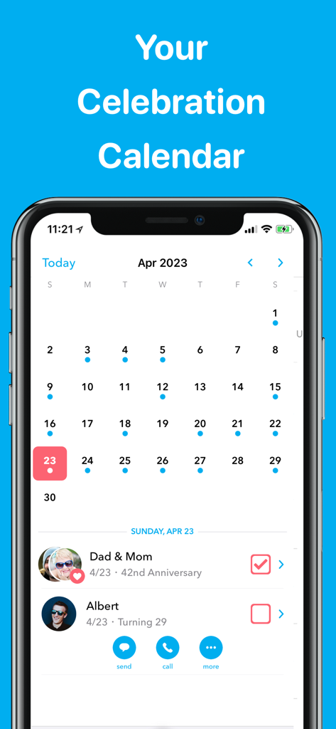 hip: Birthday Reminder & Cards - Smartphone screen showing a monthly calendar view with anniversary and birthday reminders in the hip app