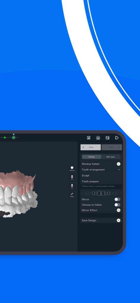 Interfaz de la aplicación Smile Design Pro mostrando un modelo intraoral 3D con herramientas de diseño dental y disposición de dientes.
