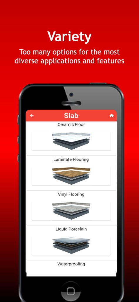 ConstruCalc Pro - Tela do aplicativo ConstruCalc Pro mostrando múltiplas opções de laje e materiais de piso para cálculo