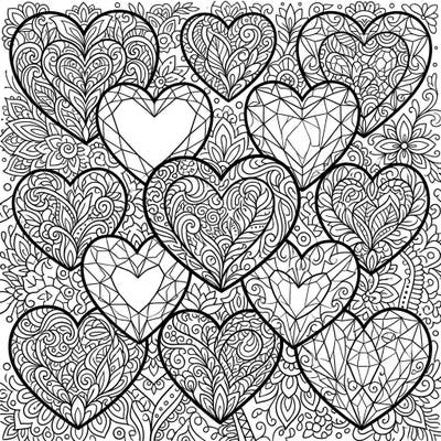 Unleash your creativity with this stunning coloring page featuring an array of intricate gemstone hearts. Each heart, adorned with beautiful Zentangle patterns and faceted designs, promises a unique and meditative coloring experience.