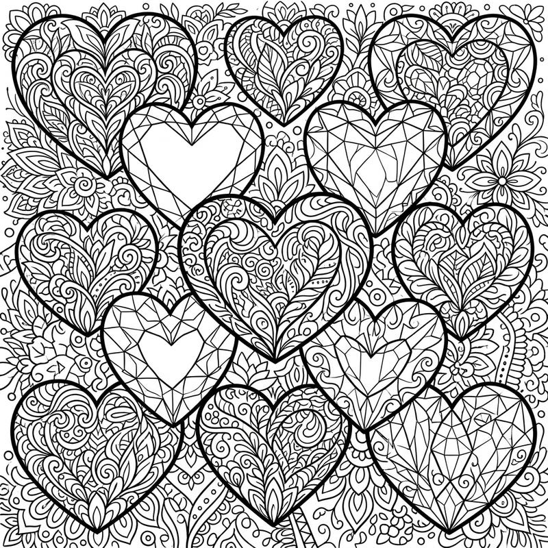 Unleash your creativity with this stunning coloring page featuring an array of intricate gemstone hearts. Each heart, adorned with beautiful Zentangle patterns and faceted designs, promises a unique and meditative coloring experience.