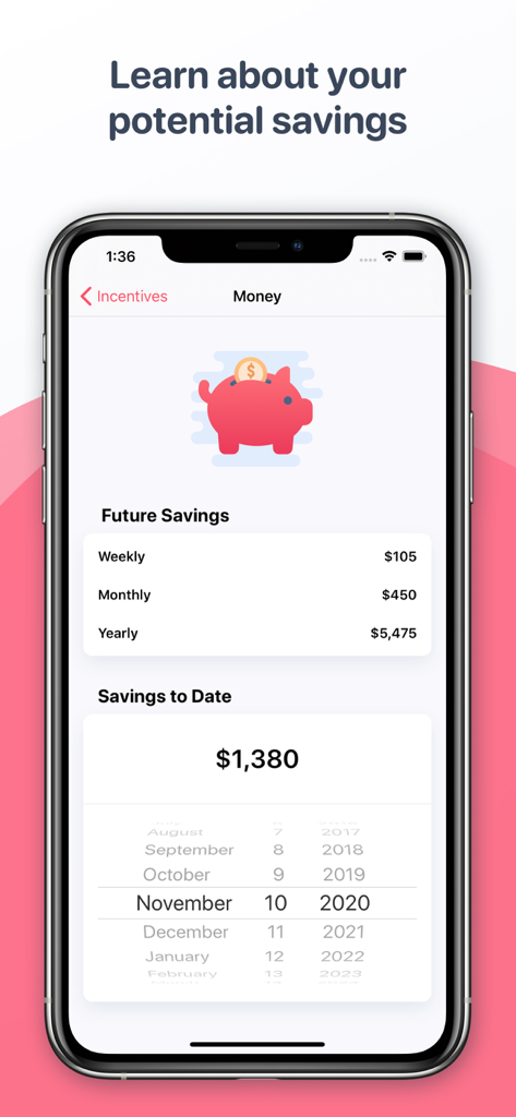 Quitzilla: Quit Tracker - Quitzilla app interface showing future savings and total money saved to date from quitting a habit