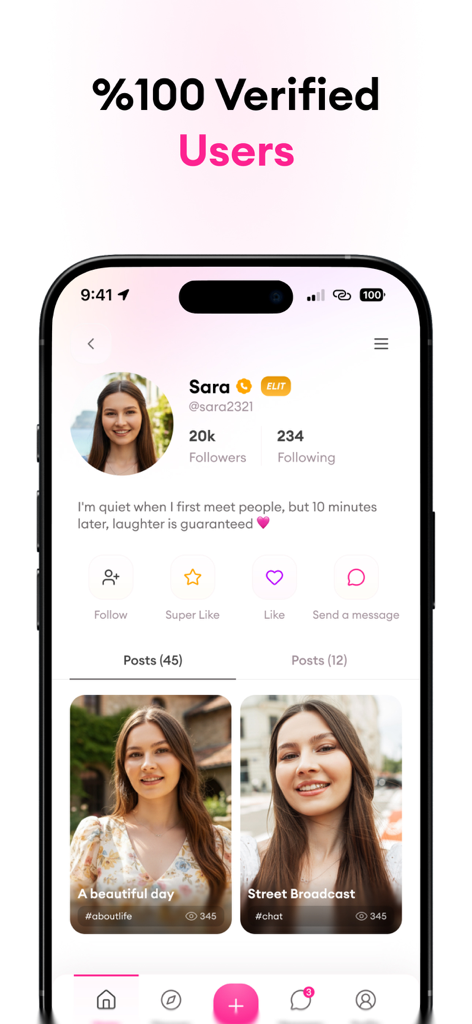 Una schermata di un'app mobile che mostra un profilo utente verificato con conteggi di follower, pulsanti di interazione e una griglia di post social.