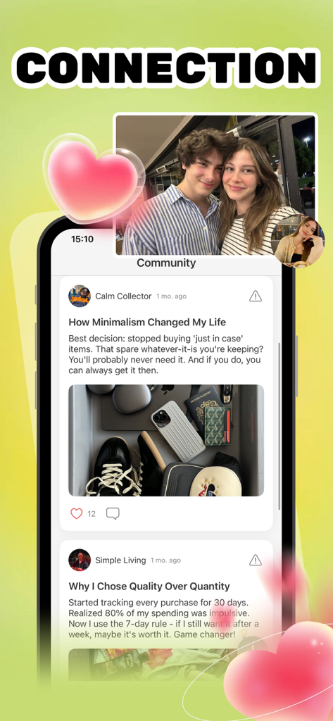 Minimalist - Lifestyle & Enjoy - Minimalist-App-Community-Bildschirm mit Benutzergeschichten über das Ausmisten und die Wahl von Qualität statt Quantität.