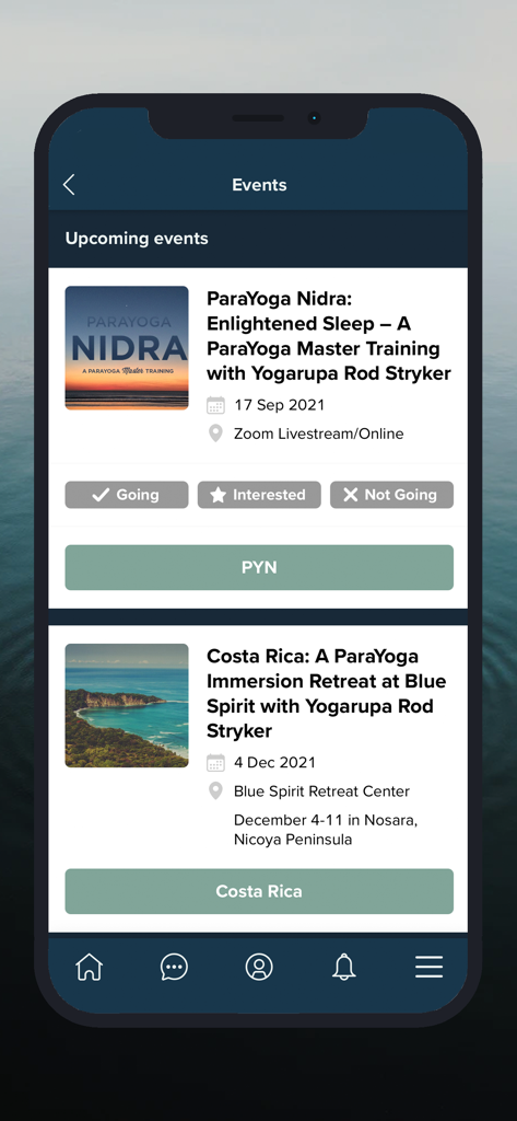 Sanctuary 앱에 나열된 예정된 요가 이벤트 및 수련회