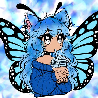 a realistic butterfly/furry girl drinking boba