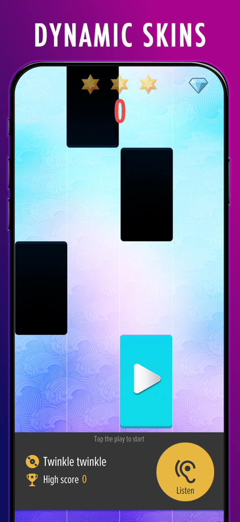 Maestro Piano Tiles: Premium - Ein Gameplay-Screenshot von Maestro Piano Tiles Premium mit dynamischen Skins und dem Songauswahlbildschirm für Twinkle Twinkle.