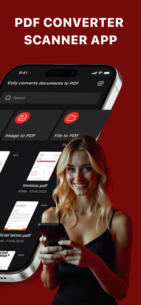 PDF Maker: Editor & Converter - 書類のスキャンと変換のためのドキュメントスキャンと変換機能が表示されたPDF Makerアプリのインターフェースを示すスマートフォンを持つ女性。