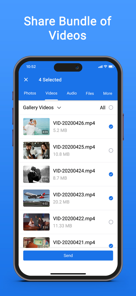 Una pantalla de la aplicación móvil que muestra la selección de múltiples vídeos de la galería para la transferencia de archivos.
