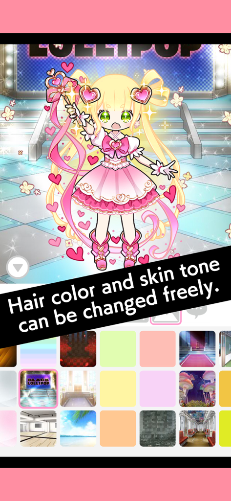 Anime magical girl character in the Black Lollipop dress up game showing different background options