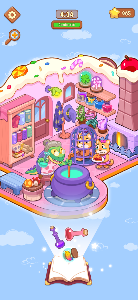 Uma bruxa preparando uma poção em um jogo de reforma de quarto com tema de doce