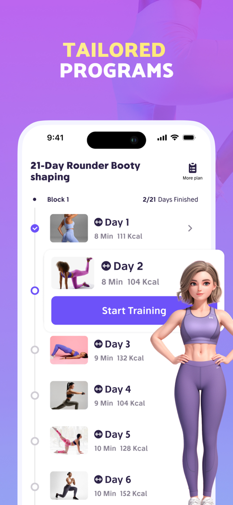 Fitease app interface showing a tailored 21-day workout program for booty shaping