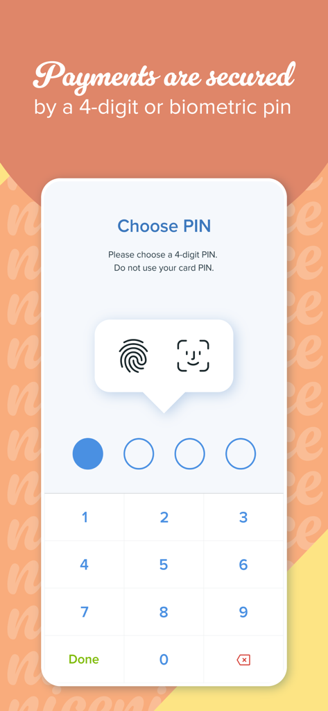 SnapScan app screen for setting up a 4-digit PIN and biometric authentication for secure payments.