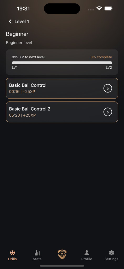 TRIVELA AI - Football Training - Trivela AI app screen displaying beginner level football training drills and XP progress bar