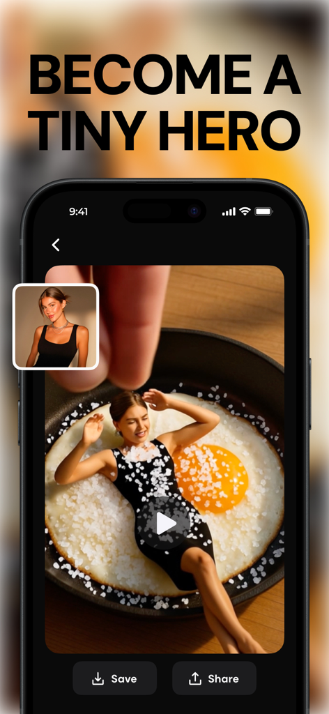 Plum AI video generator app screen showing a woman as a tiny hero lying on a fried egg