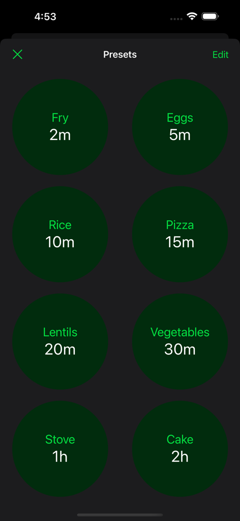 Cook kitchen timers app presets screen showing customizable timer options for different dishes