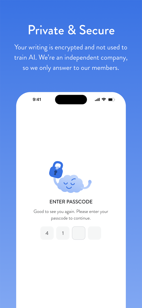 Secure passcode entry screen on the Mindsera app highlighting data encryption and privacy.