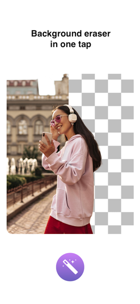 A portrait of a woman showing a one-tap background removal effect