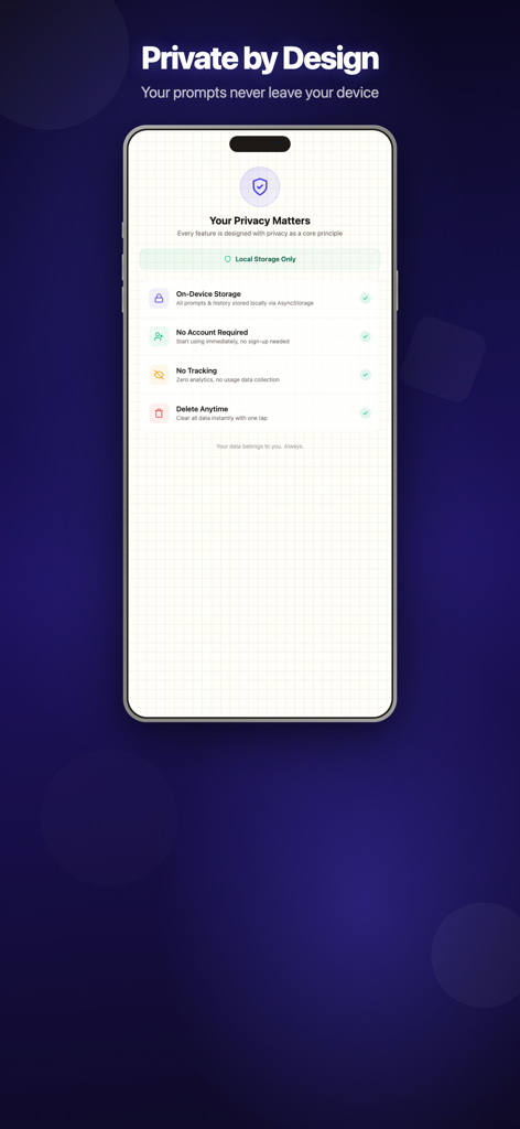 Meta Prompt app interface highlighting privacy features including local storage and no account required