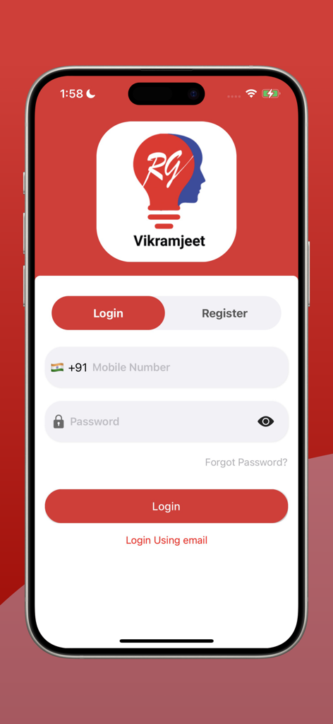 RG Vikramjeet app login screen for Indian competitive exam aspirants