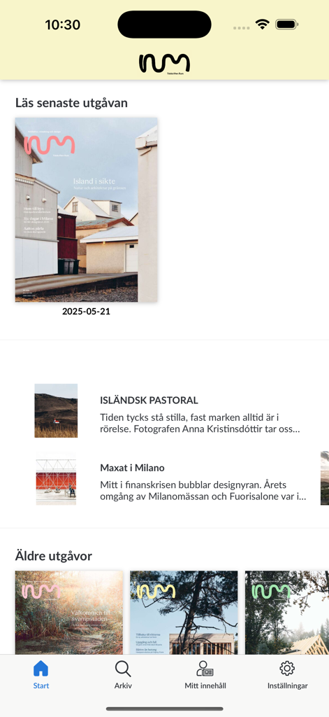 Tidskriften Rum - Interfaz de la aplicación de revista de arquitectura Tidskriften Rum mostrando números de revistas de arquitectura y diseño.