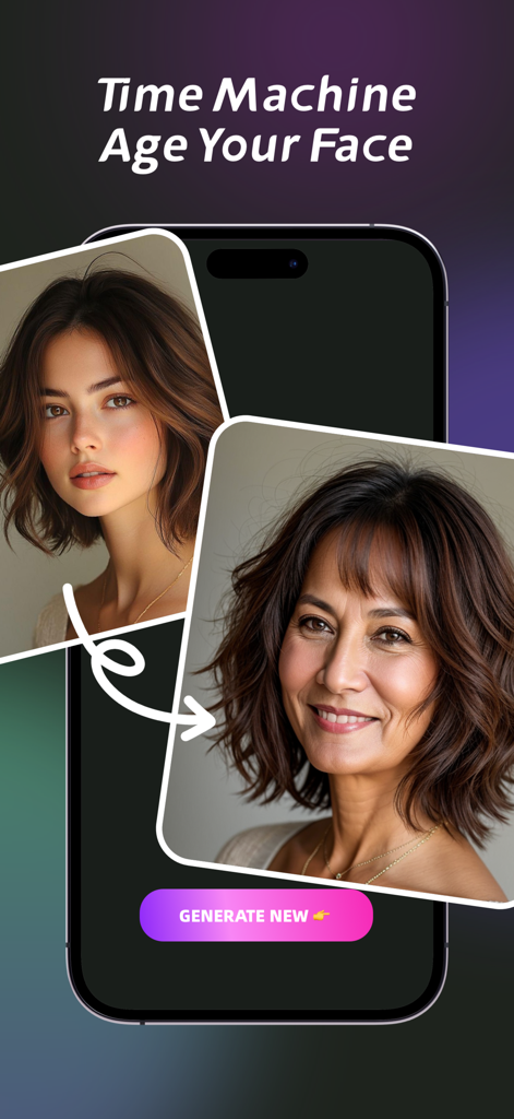 AI Future Baby - Art Generator - AI aging filter showing a young woman's face transformed into an older version